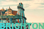 Brighton Pier (UK) carnival rides with the sea in the background and the work Brighton in a blue/green gradient overlaying the image.