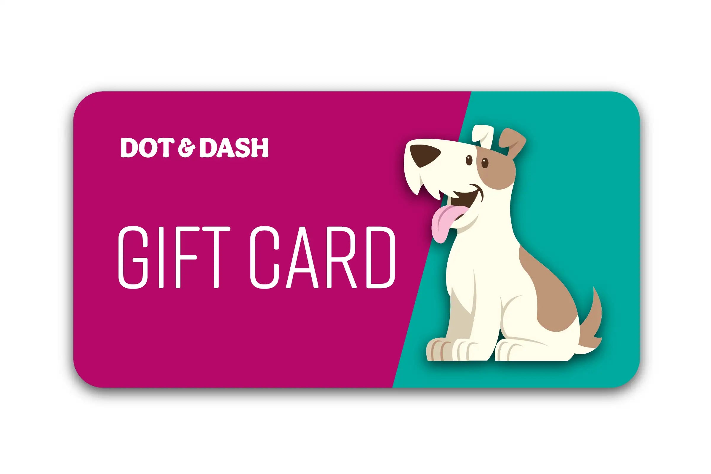 Gift card with a dog illustration and 'Dot & Dash' branding on a pink and teal background
