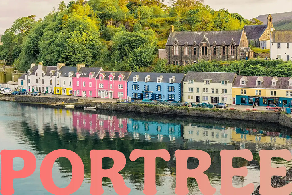 Colorful cottages of Portree, Scotland line the water's edge. The town's name overlays the bottom of the image in a coral/peach gradient.